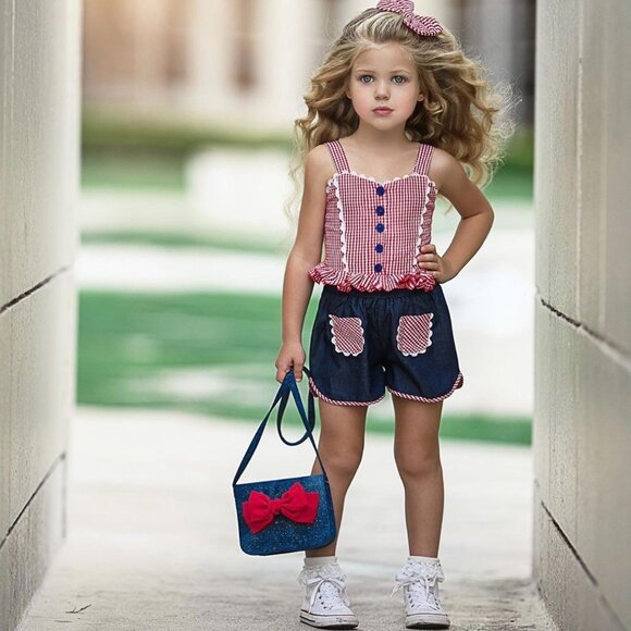 Dollcake Picnic in the Park Sz 6 Red Gingham Top & Shorts Outfit w/ Hair Bow NWO - Picture 1 of 7